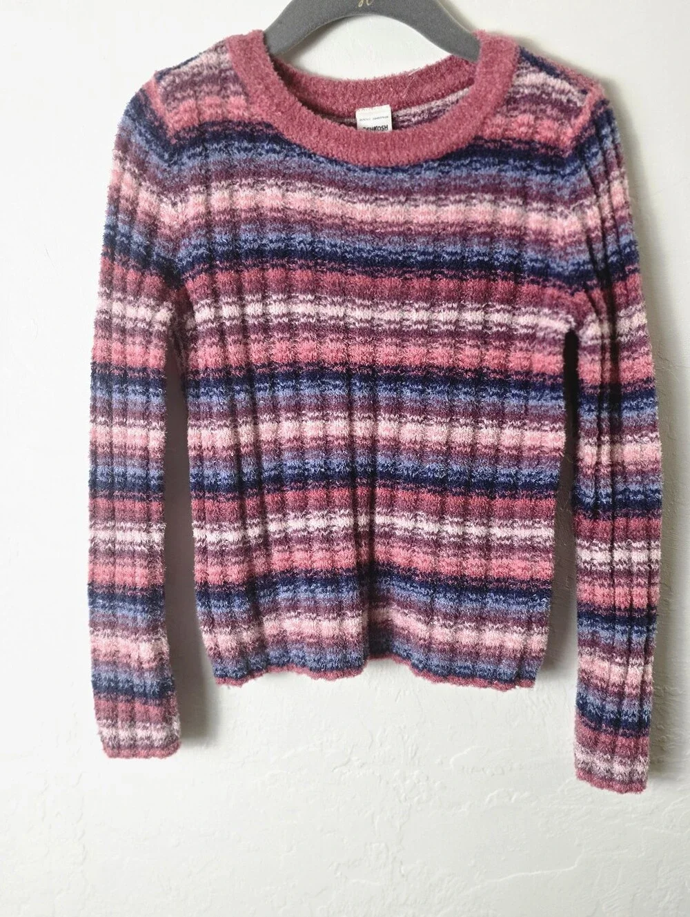 OshKosh B'gosh Toddler Girls Size 5 Striped Fuzzy Sweater Pink Blue Cozy